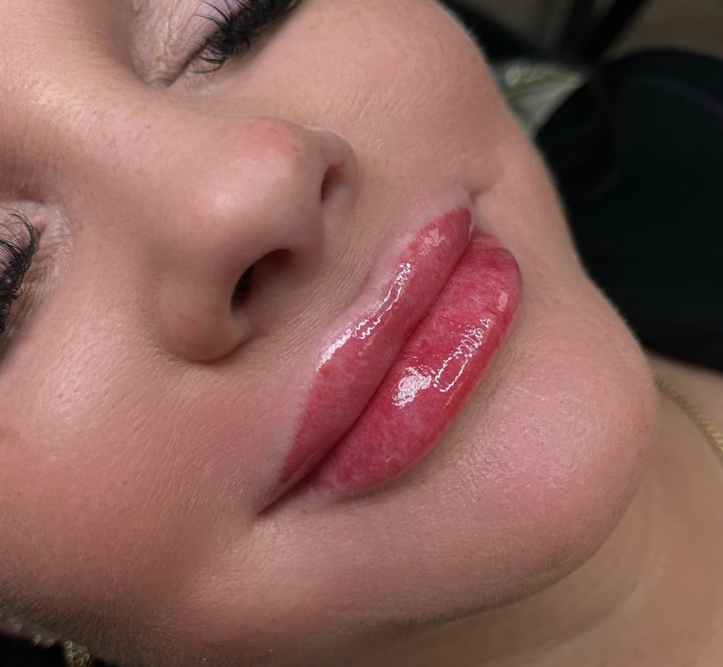 Soft pink lip blush permanent makeup treatment by Beauty Room Ink in Stafford, Virginia.